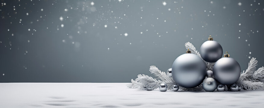Silver christmas baubles on snowy background. 3D render