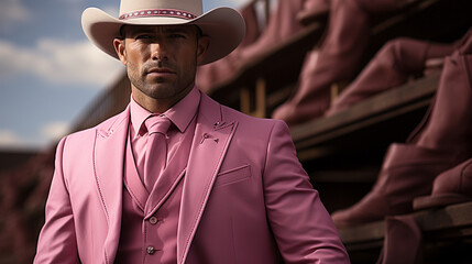 Man in a cowboy hat wearing pink clothes.
