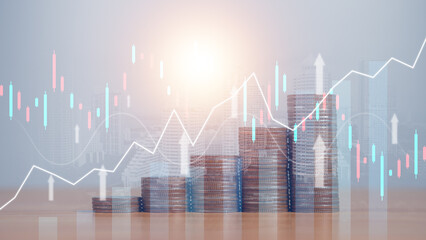 Double exposure of graph and candlestick chart suitable for financial investment, forex trading graph with economy trends business or finance concept.