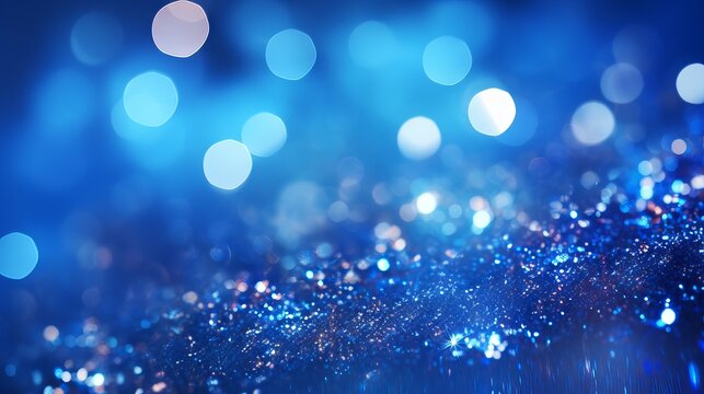Sapphire glitter bokeh background with shimmering royal blue sparkles and crystal droplets