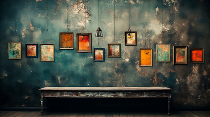 old posters with a picture frames on a wooden wall