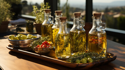Olive oil bottles on the table.