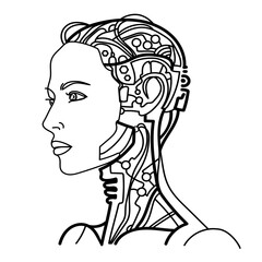 Artificial intelligence woman line art portrait.Woman robot or android with a beautiful face and wires and microcircuits in her head.Vector black and whiteillustration .Modern technology concept