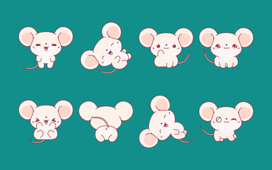 Set of Kawaii Isolated Baby Rat. Collection of Vector Cartoon Mice Illustrations for Stickers, Baby Shower, Coloring Pages, Prints for Clothes