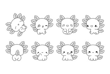 Set of Kawaii Isolated Axolotl Coloring Page. Collection of Cute Vector Cartoon Animal Outline for Stickers, Baby Shower, Coloring Book, Prints for Clothes