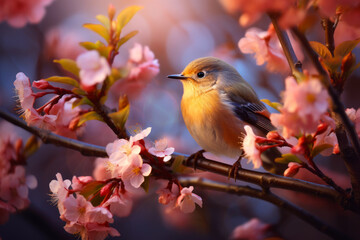 Escena de la naturaleza en primavera: Pájaro hermoso apoyado en una rama de almendro en flor. - obrazy, fototapety, plakaty
