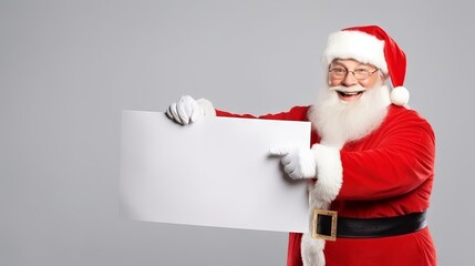 Fototapeta na wymiar Happy Santa Claus showing empty signboard with space for text on festive background