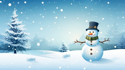 Fototapeta premium Snowy winter landscape with cute snowman and pine trees vector illustration with copy space