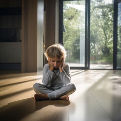 Depressed child covering his face with his hands.
