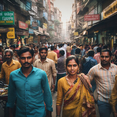 Many Indian people on the street. - obrazy, fototapety, plakaty