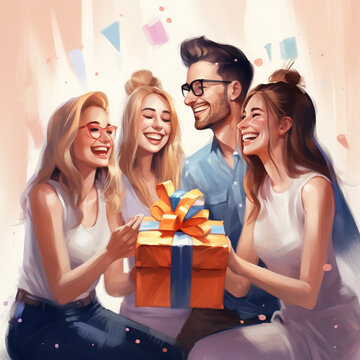 Friends giving each other gifts. Secret Santa Gifts.
