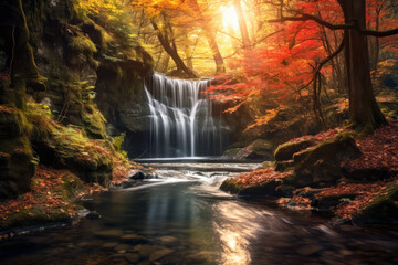 Waterfall in the autumn forest in background of shining. Landscape concept of nature and water.