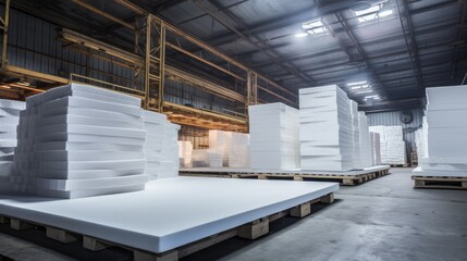Factory Manufacturing Styrofoam: Industrial Process of Creating Versatile Insulating Sheets - obrazy, fototapety, plakaty