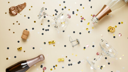 Concept of party celebration, New Year. Champagne bottles and glasses with confetti and gold stars. Top view, copy space, flatlay