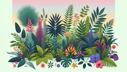 Tropical Paradise: Diverse Botanical Illustration with Lush Foliage