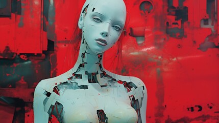 Cyberpunk slum junkyard cyber female robot, imperfect and expired scrap metal android with  bald head, exaggerated humanoid features.