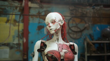 Fototapeta premium Cyberpunk slum junkyard cyber female robot, imperfect and expired scrap metal android with bald head, exaggerated humanoid features.