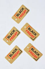 Black Friday event banner, labels mentioning the promotion on white background.