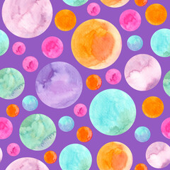 Seamless pattern of watercolor colorful circles. Hand drawn illustration. Hand painted elements on violet background.	