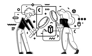 Young people making some inquiry and collecting data for analysis, vector outline illustration, exploration and research for business or science, self-education.