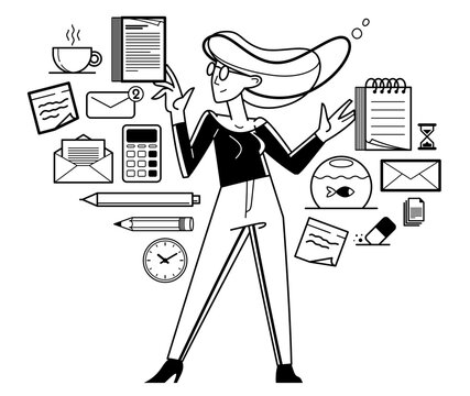 Manager doing office work vector outline illustration, career in company for employee, business and paperwork, office worker.