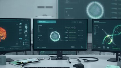 Examination Of Human DNA Helix By High Tech Scanner Software. Scientific Research System Conducts DNA Helix Examination. DNA Helix Molecular Examination For Human Evolution Study. Interface. Lab - Powered by Adobe