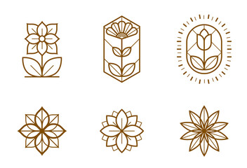 Beautiful geometric flower logos vector linear designs set, sacred geometry line drawing emblems or symbols collection, blossoming flower hotel or boutique or jewelry logotypes. - obrazy, fototapety, plakaty