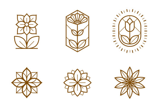 Fototapeta Beautiful geometric flower logos vector linear designs set, sacred geometry line drawing emblems or symbols collection, blossoming flower hotel or boutique or jewelry logotypes.