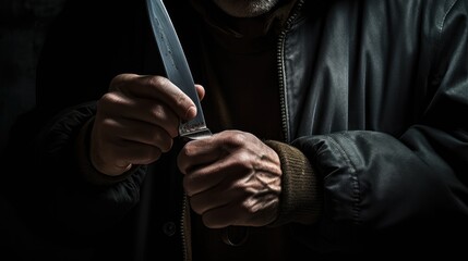 Hidden Threat: An ominous image of a criminal concealing with a knife. A powerful depiction of danger and criminal intent - obrazy, fototapety, plakaty