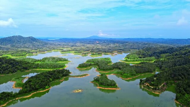 Aerial 4k video of Ulu Kasok Riau tourist attraction, the Raja Ampat wannabe in Riau province, Sumatra island, Indonesia.