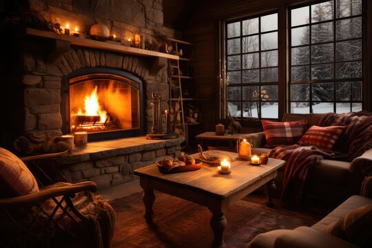 The living room of a cabin with the fireplace lit and outside there is snow and cold. Generated by AI