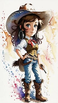 Cartoon Cowgirl. Generative AI. An imaginary animated morphing cartoon cowgirl with watercolor artistic background.