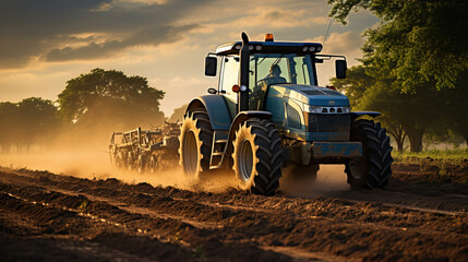 Early Riser: Tractor at Work in Morning Plowed Field - obrazy, fototapety, plakaty