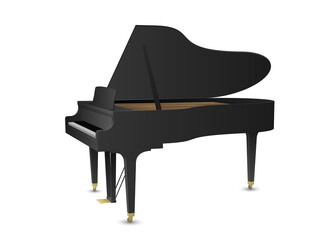 Beautiful realistic detailed colorful shaded black grand piano on transparent background