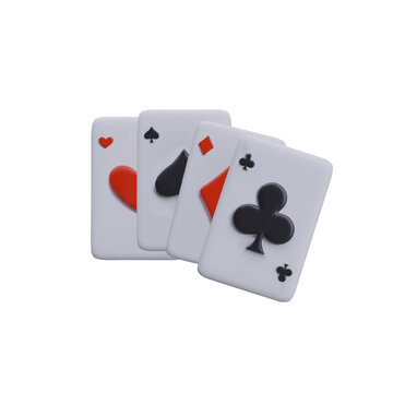 Set of playing cards of different suits. Aces of Spades, Hearts, Diamonds, Clubs. Vector 3D illustration on white background. Casino attribute. Gambling concept