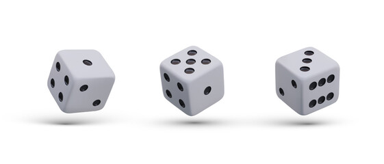 Dice in different positions. Game cubes. Set of images with shadows on white background. Effect of chance, probability, fortune. Casino and betting game element