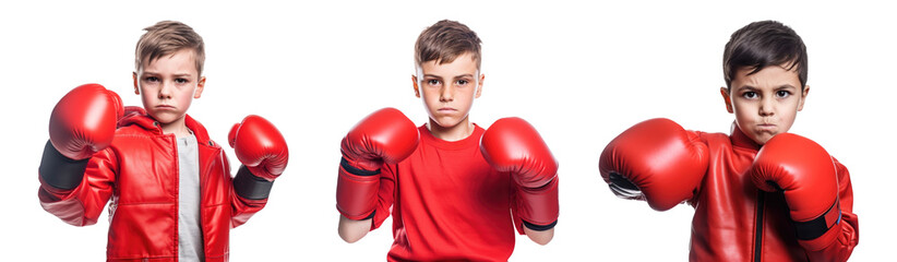 Set of boys in boxing gloves isolated on transparent background. - obrazy, fototapety, plakaty
