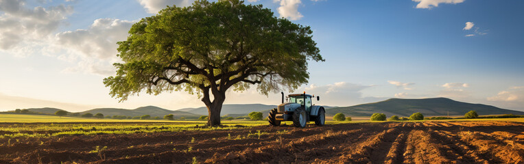 Morning Farming Beginnings: Tractor in Newly Tilled Soil