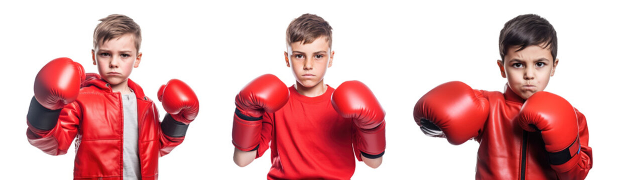 Set of boys in boxing gloves isolated on transparent background.