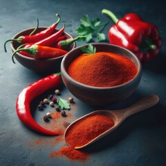 red hot chili pepper and spices on wooden bowl ingredient background