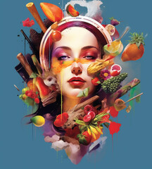 Kolaż - zdrowa dieta pielęgnacja kobiecości - kobieca ekspresja - Collage - healthy diet nurturing femininity - female expression - AI Generated - obrazy, fototapety, plakaty