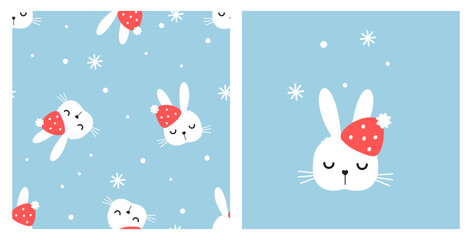 Seamless pattern with bunny rabbit cartoons, Santa hat and snowflakes on blue background vector illustration.
