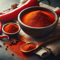 red hot chili pepper and spices on wooden bowl ingredient background