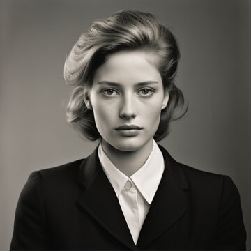 black and white photo, 1958 beautiful 30 year old east german female young blond hair blue eyes, wearing suit