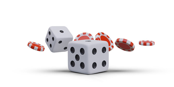 Poster with cubes in different positions and red chips. Risk and gamble in casino. Flying objects for online casino and mobile gambling applications. Vector illustration in 3D style