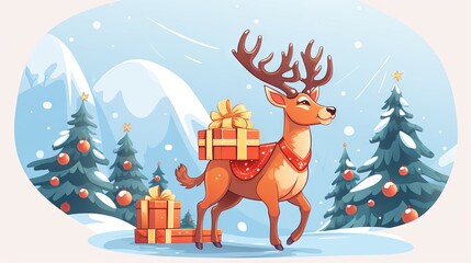 Colorful and cute reindeer delivering Christmas presents in 2d flat design