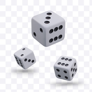 3D gamble game cubes in different positions and sizes. Casino, gambling, and board games. White cubes with random numbers. Object for board games. Vector illustration in 3D style