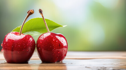 closeup of two cherries - obrazy, fototapety, plakaty