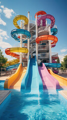 Colorful Solitude: Multi-Colored Water Park Slides on a Sunny Day