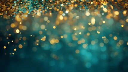 Teal green and gold glitter bokeh background for holiday celebration